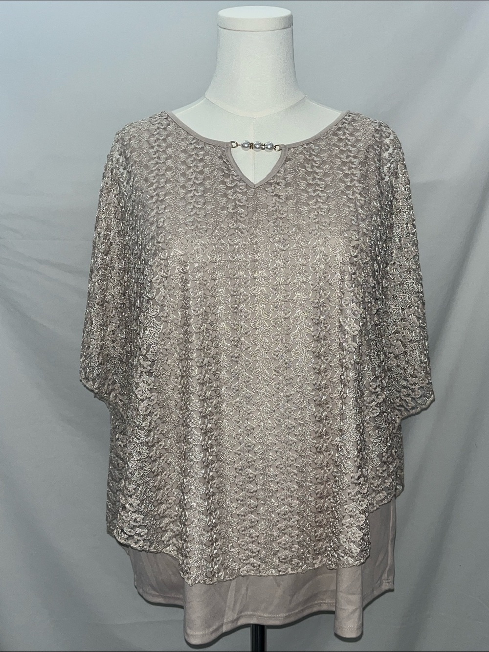 Women's Shimmery Ivory-Taupe Short Sleeve Blouse with Decorative Neck